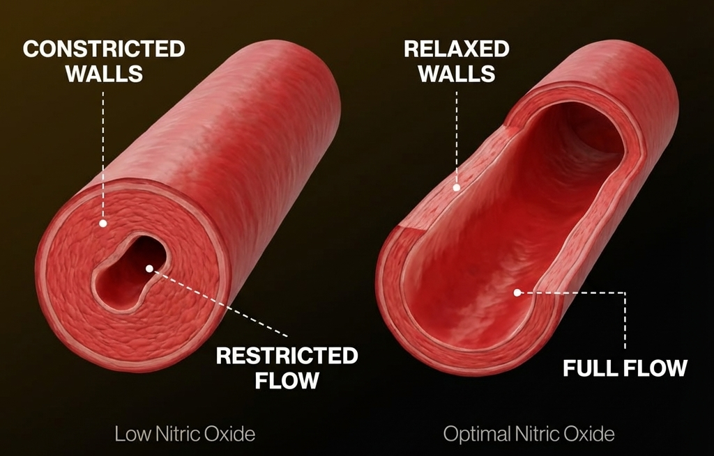 Illustration comparing constricted and relaxed blood vessels.