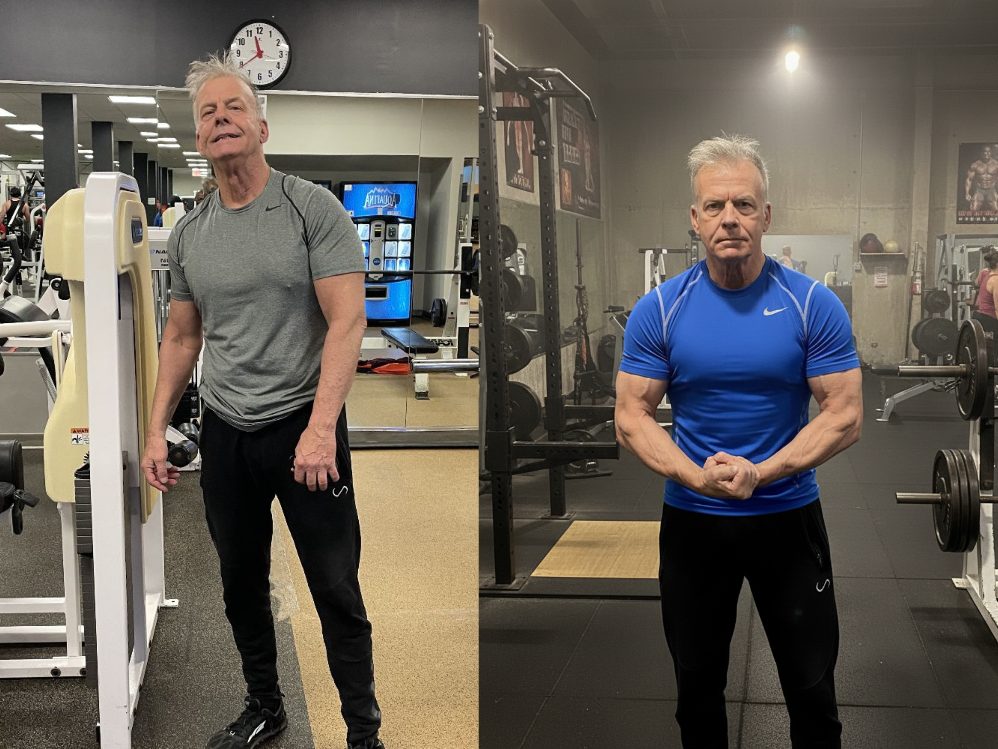 Two men posing in a gym with exercise equipment.