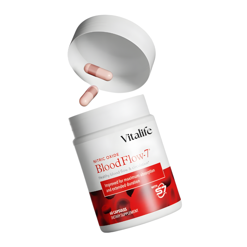 A bottle labeled 'Vitalife BloodFlow-7' with capsules spilling out.