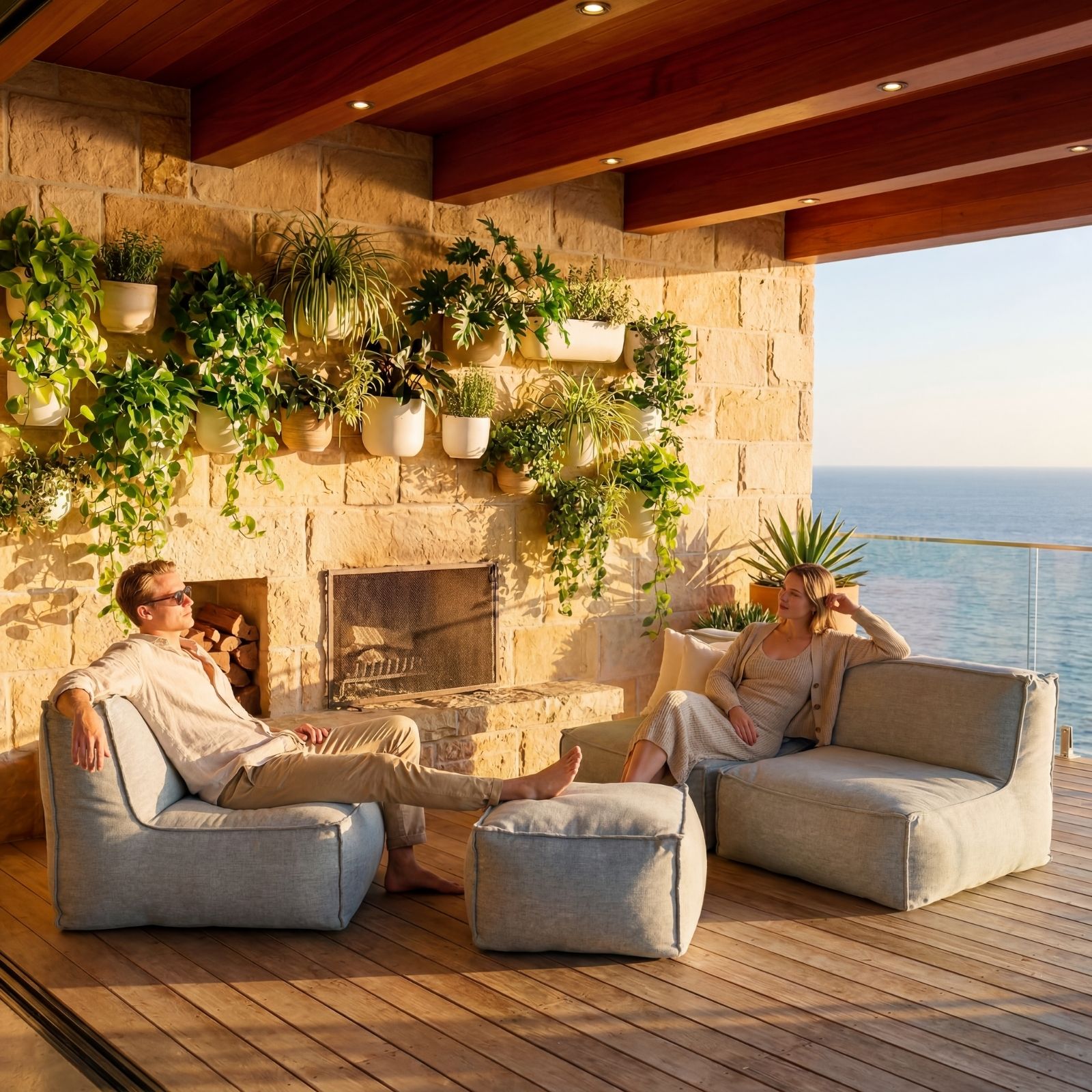 A man and woman relax on a deck with an ocean view, a stone fireplace, and wall-mounted plants.