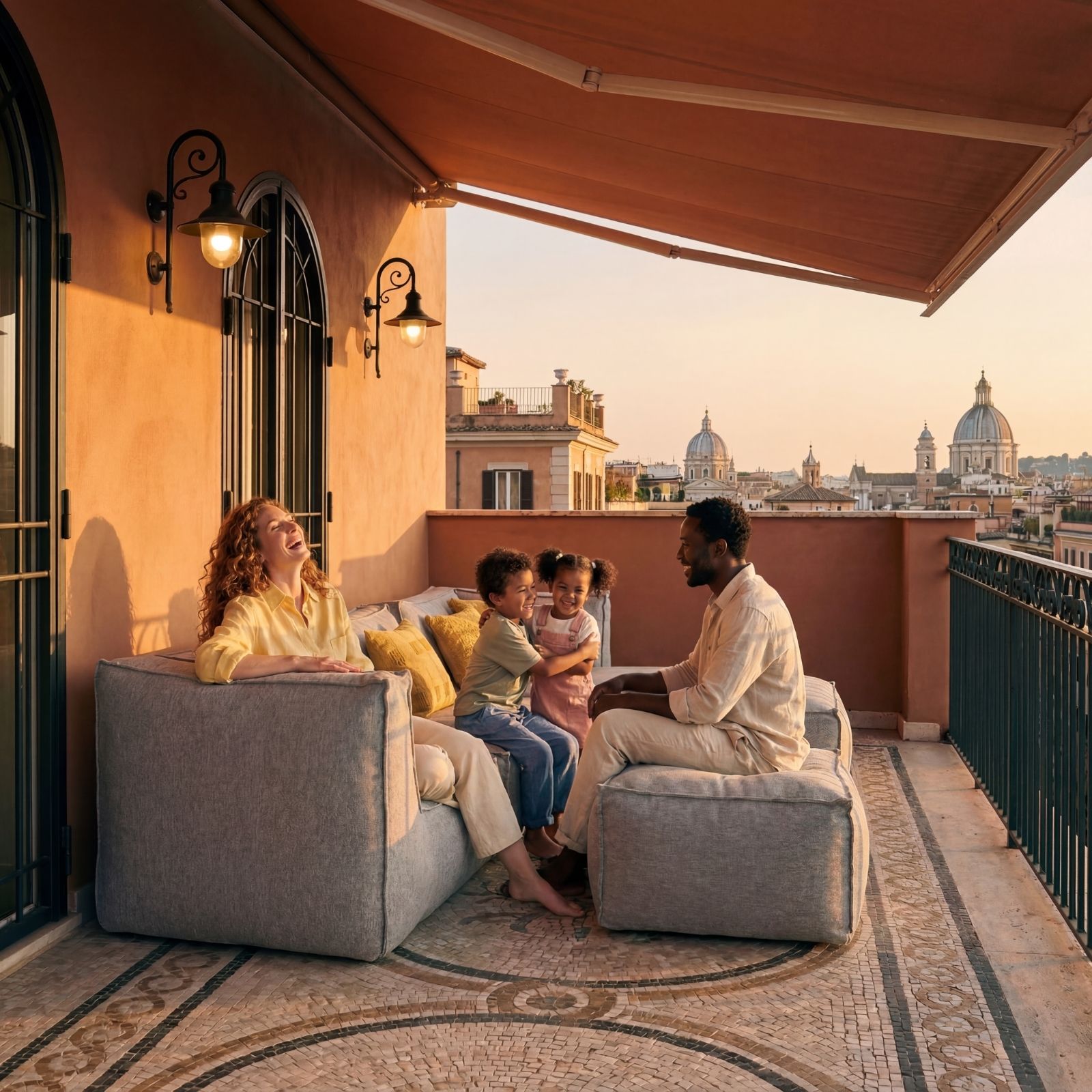 A family of four laughs together on a balcony couch, with a cityscape visible at sunset.
