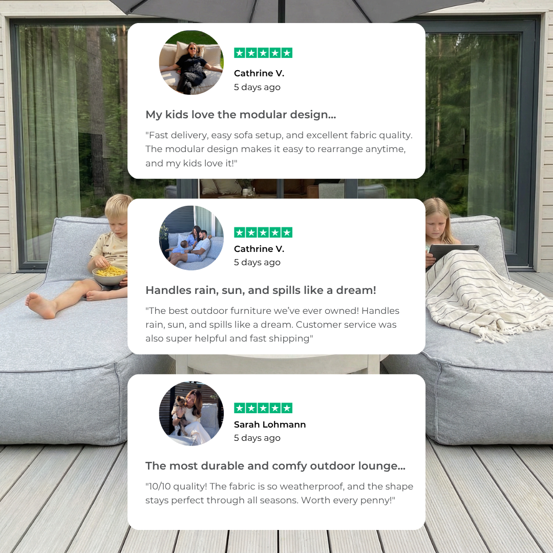An image of children on outdoor furniture on a deck, overlaid with three positive customer testimonials.
