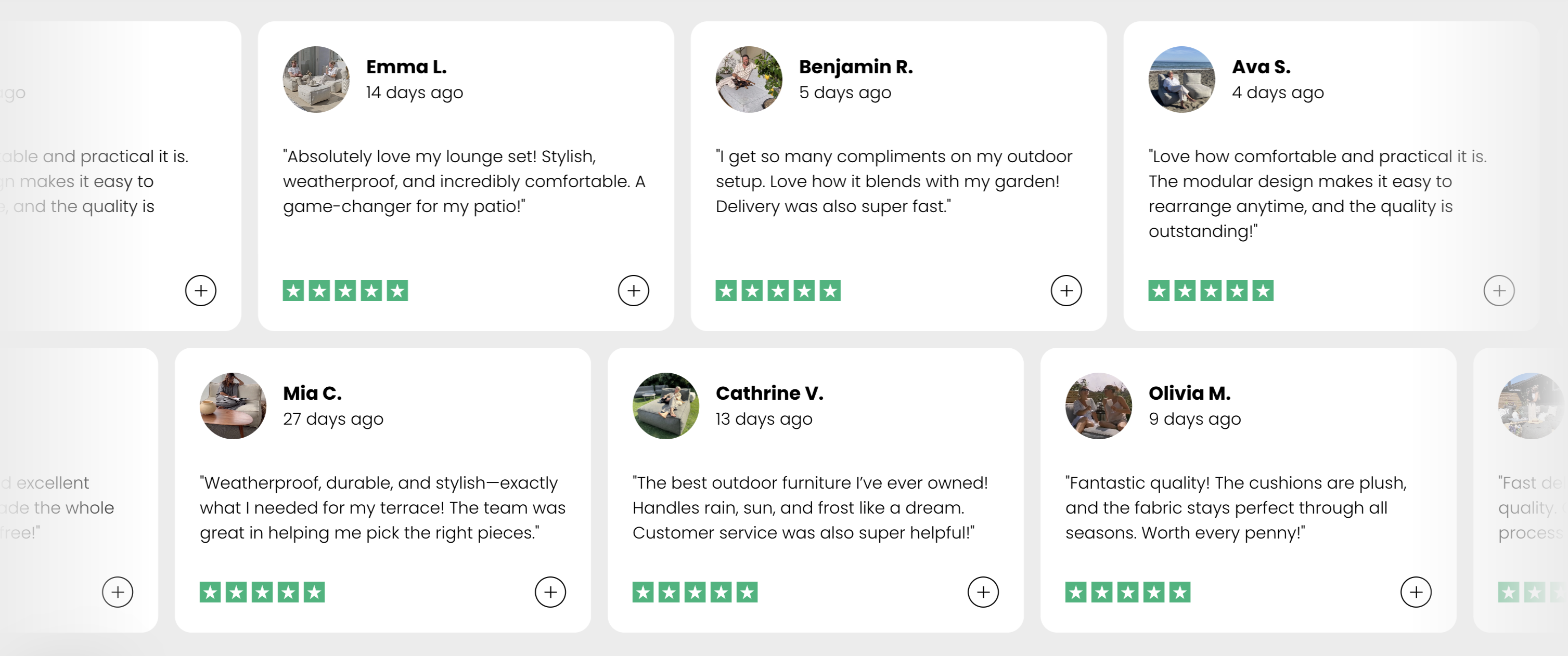 A grid layout of customer testimonials, each with a name, photo, review text, and a five-star rating.