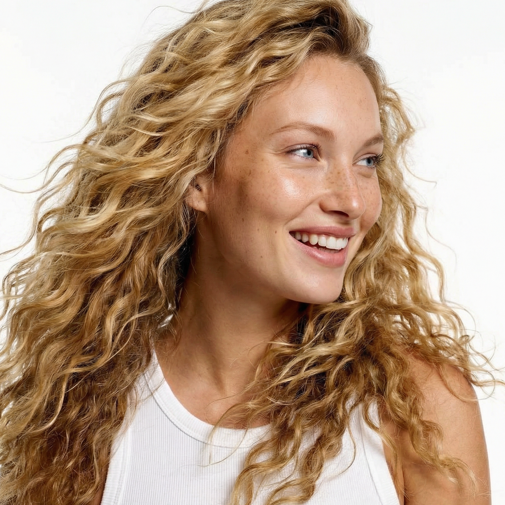 A smiling woman with long, curly blonde hair and freckles, looking off to the side against a white background.