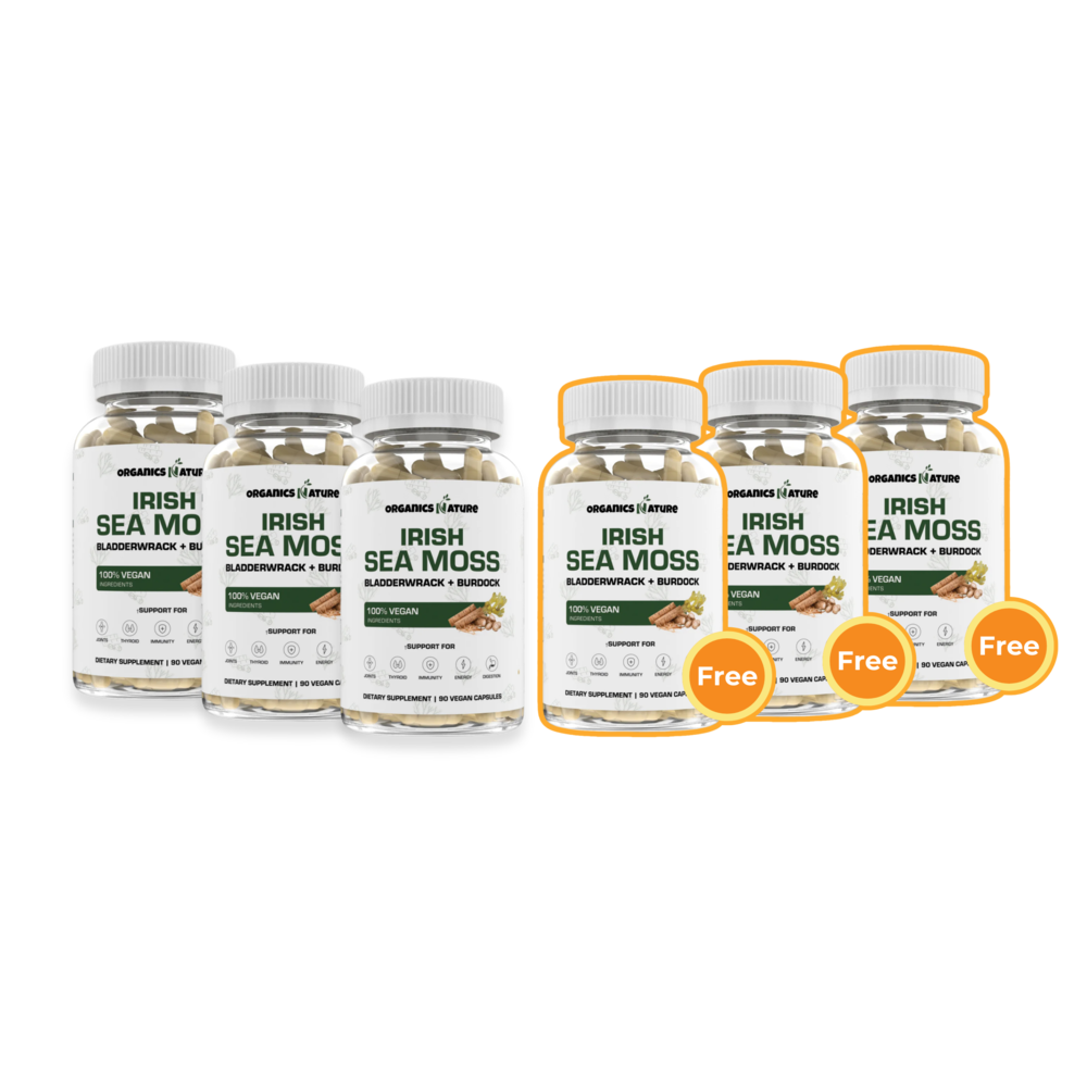 Six bottles of Irish Sea Moss supplements, three labeled 'Free.'