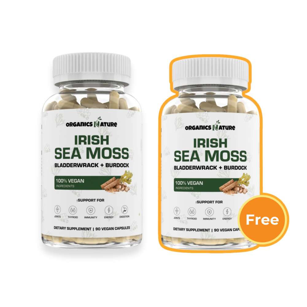 Two bottles of Irish Sea Moss dietary supplement with a 'Free' label on one.
