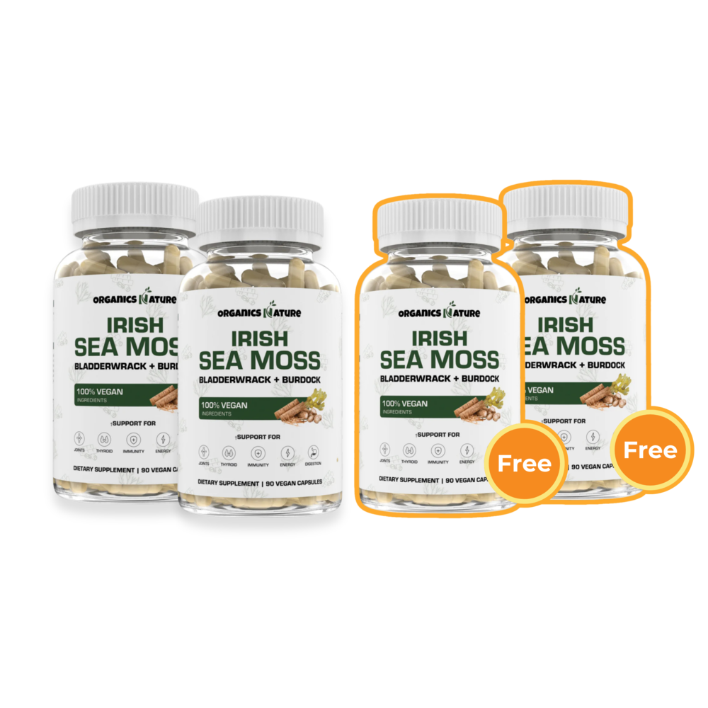 Four bottles of Irish Sea Moss supplements, two labeled as free.