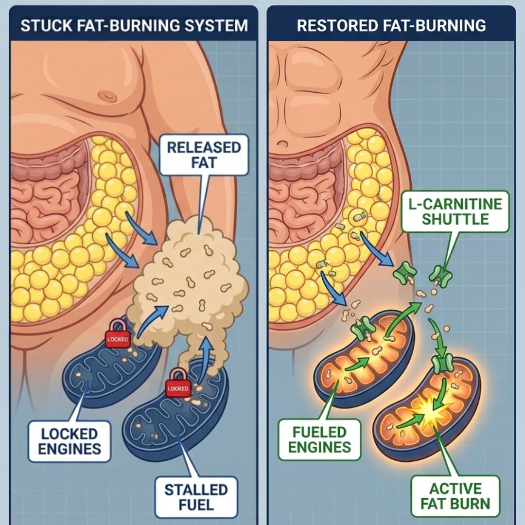 Diagram comparing a stuck fat-burning system with a restored fat-burning system using an L-carnitine shuttle.
