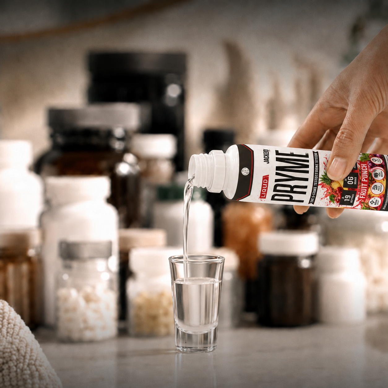 A bottle of Liquid L-Carnitine supplement next to a steaming mug of coffee on a wooden kitchen counter.