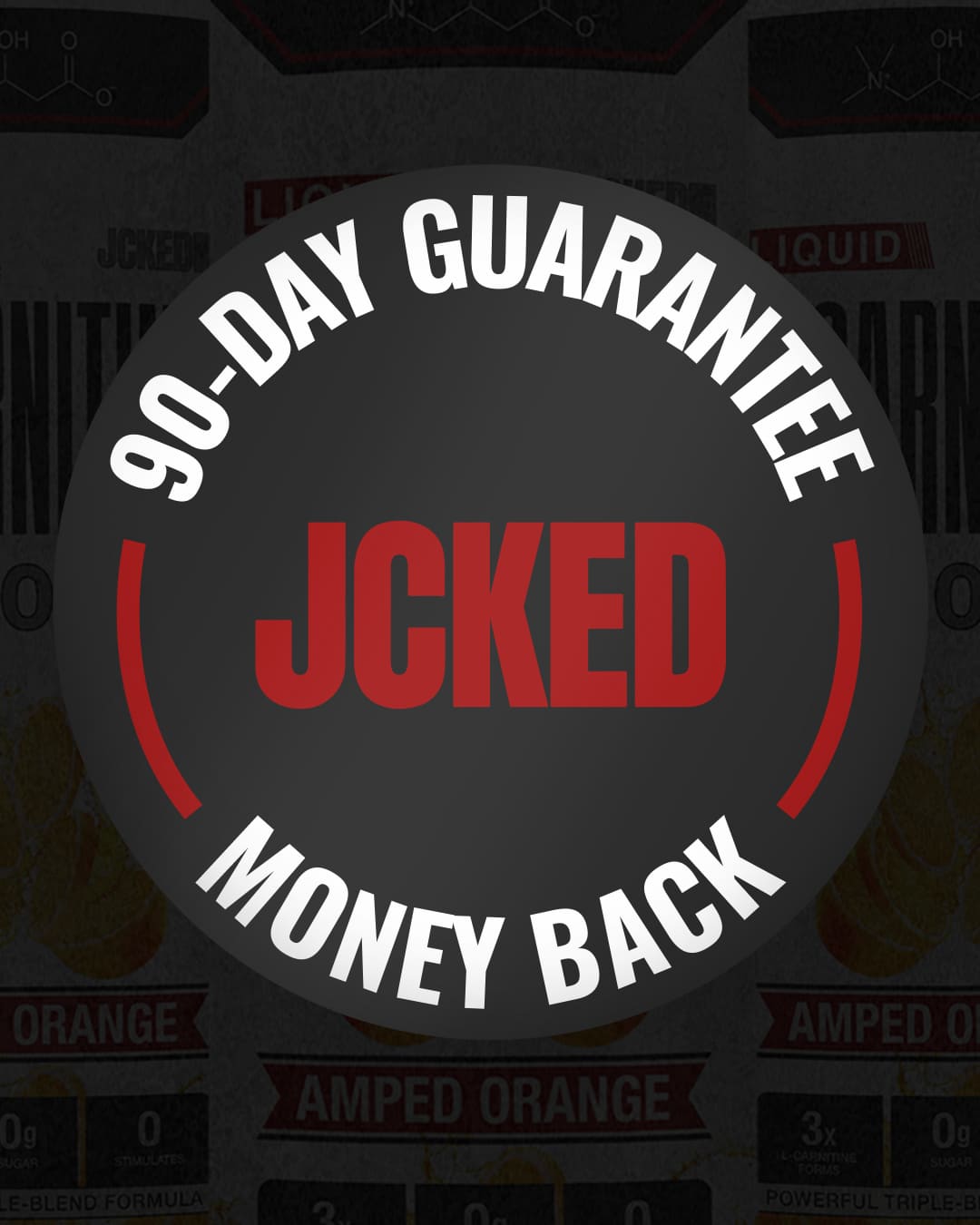 A '90-Day Guarantee Money Back' seal for JCKED brand products, set against a dark, textured background.