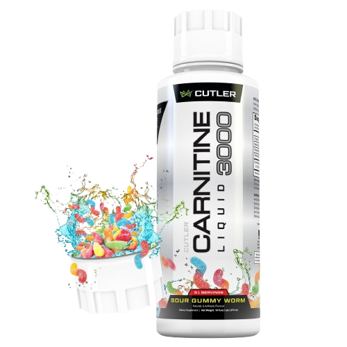 A bottle of Cutler Carnitine Liquid 3000 in Sour Gummy Worm flavor next to a splashing cap of gummies.