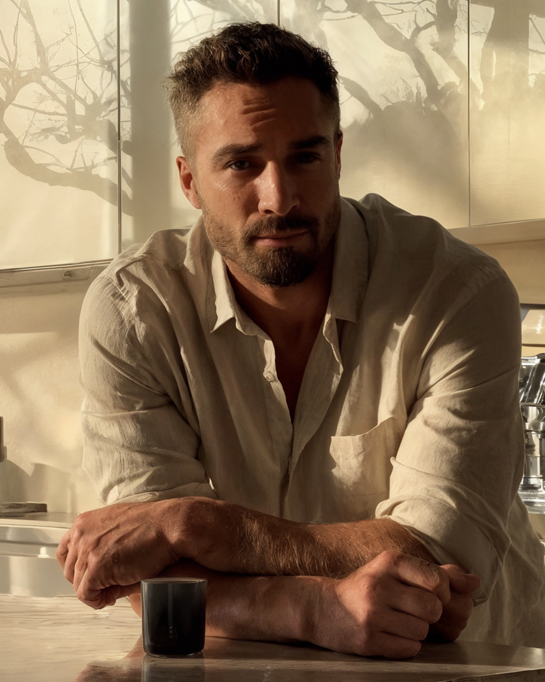 A man with a beard and a light-colored shirt leans on a counter with his arms crossed.