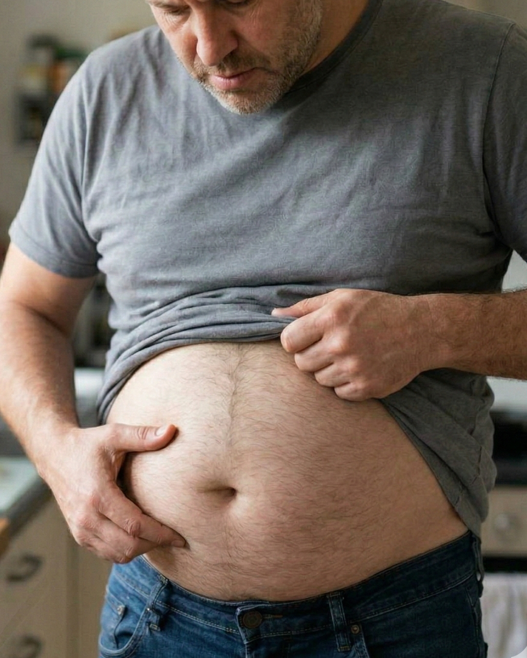 A man in a grey t-shirt looking down and pinching the fat on his bare stomach.