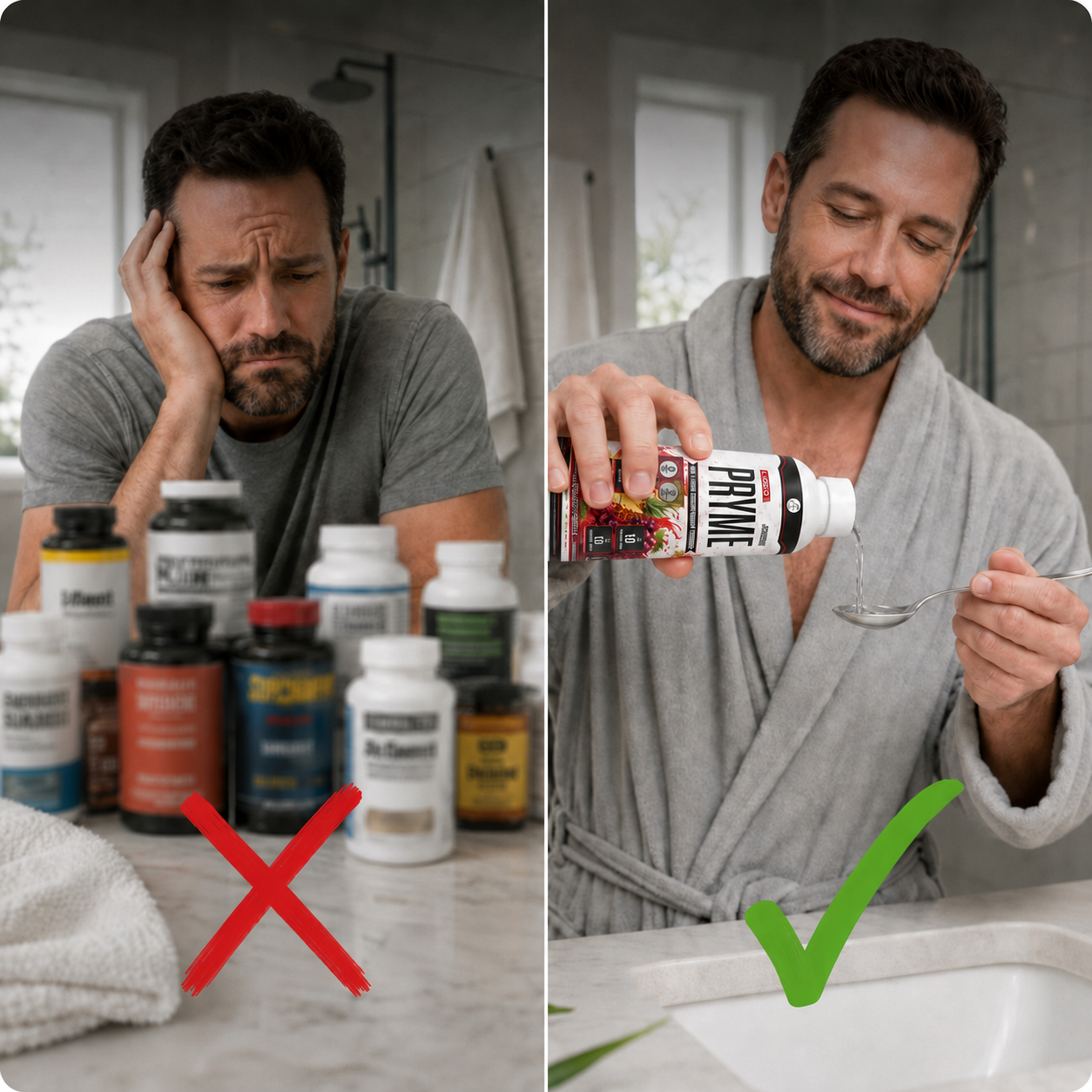 A photo collage of male customers holding a supplement bottle, centered around the text '55,000+ CUSTOMERS'.