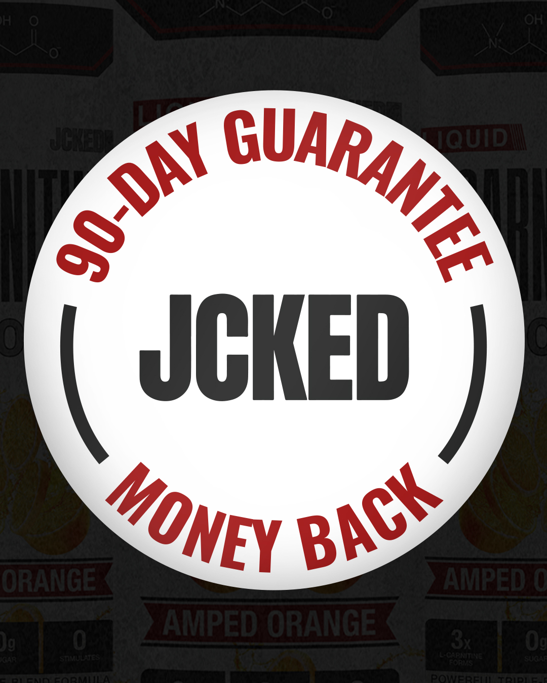 A '90-Day Guarantee Money Back' seal for JCKED brand products, set against a dark, textured background.