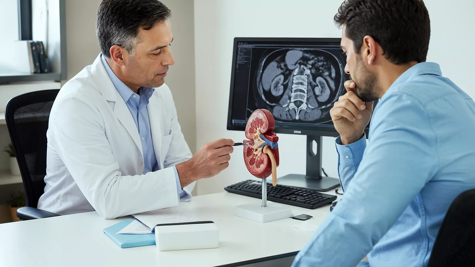 A doctor uses a kidney model and a CT scan on a monitor to explain a condition to a patient.