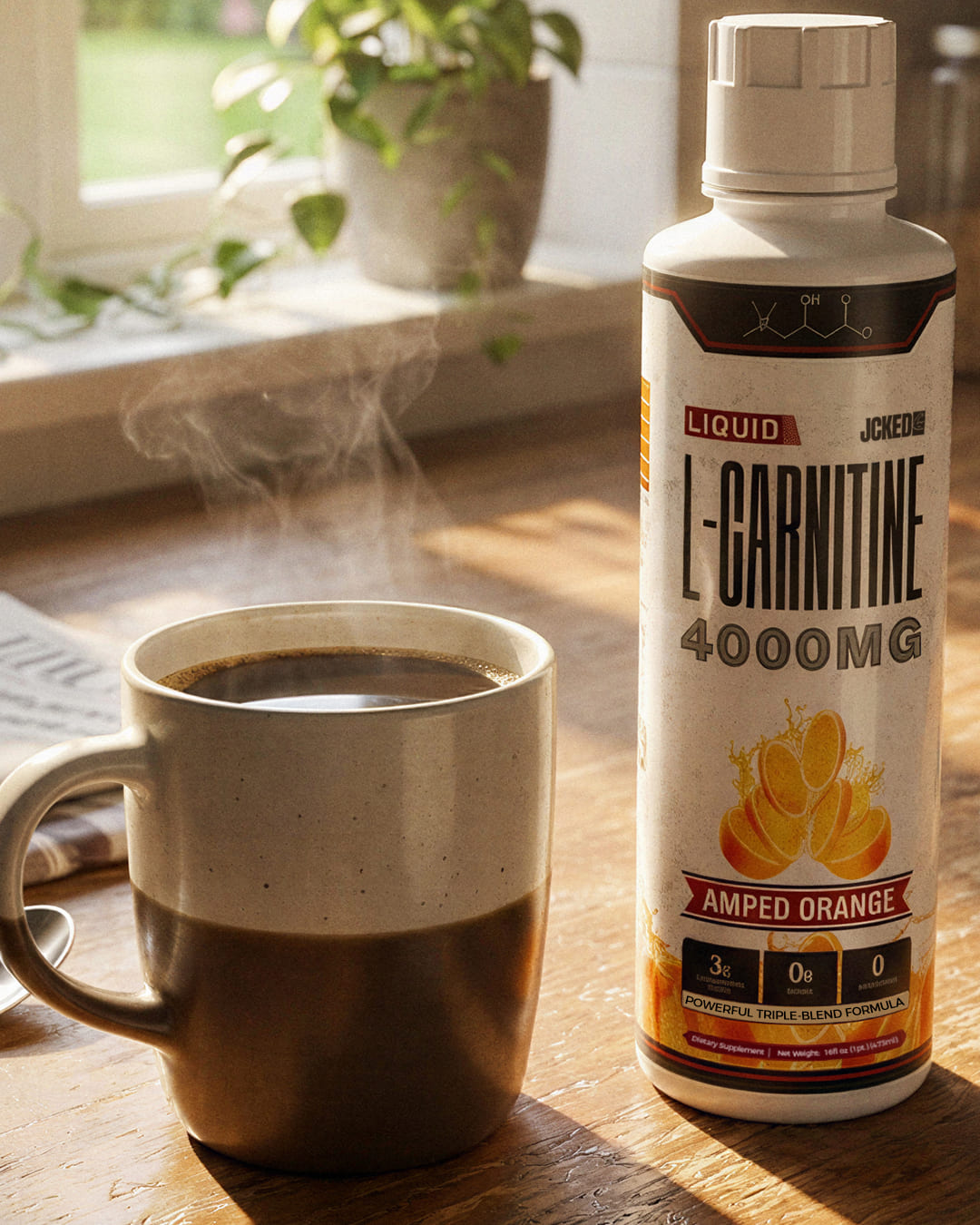 A bottle of Liquid L-Carnitine supplement next to a steaming mug of coffee on a wooden kitchen counter.