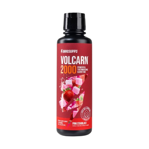 A bottle of InnoSupps Volcarn 2000 Pink Starblast flavored thermogenic carnitine supplement against a white background.