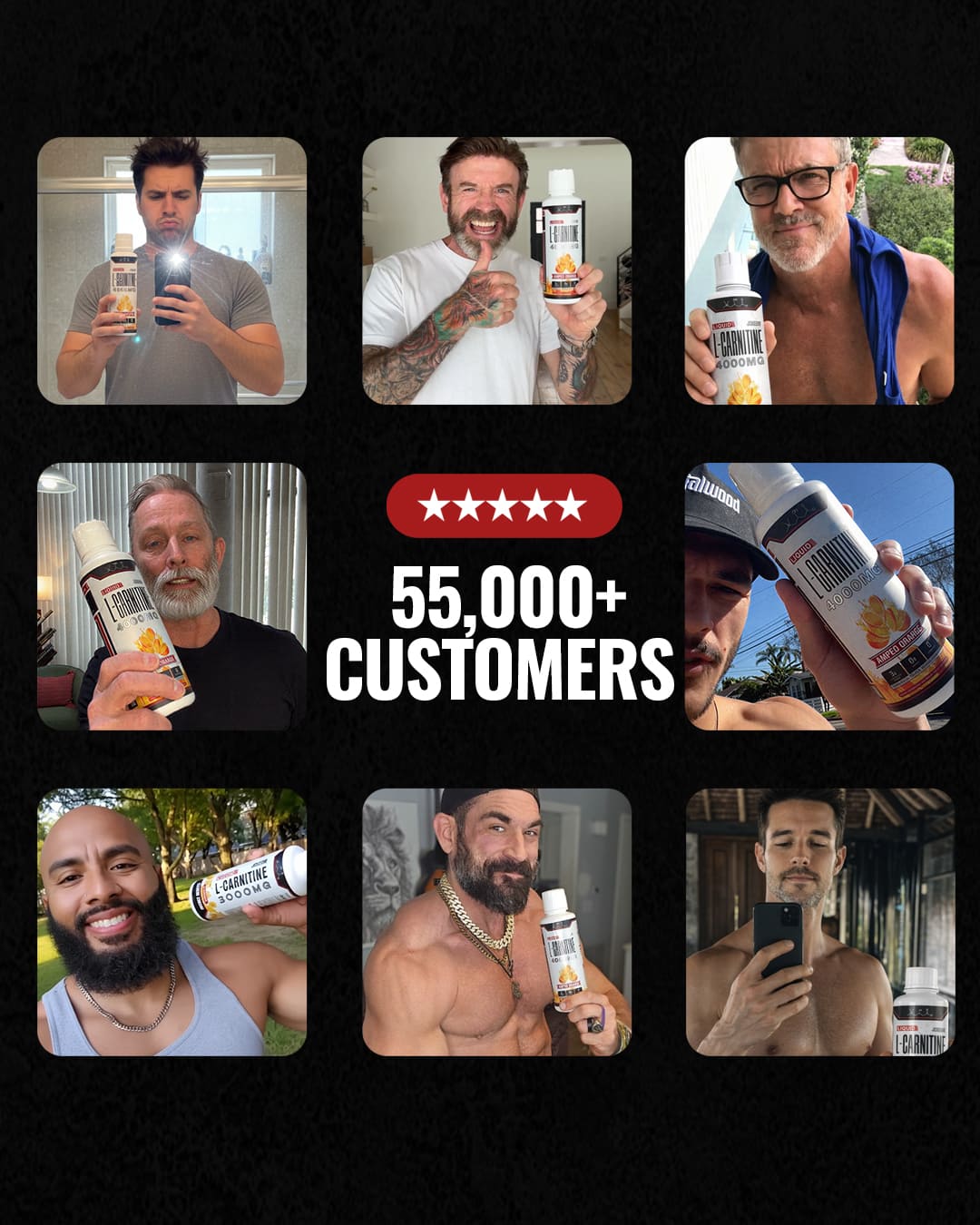 A collage of male customers holding a supplement bottle with a 5-star rating and '55,000+ Customers' text.
