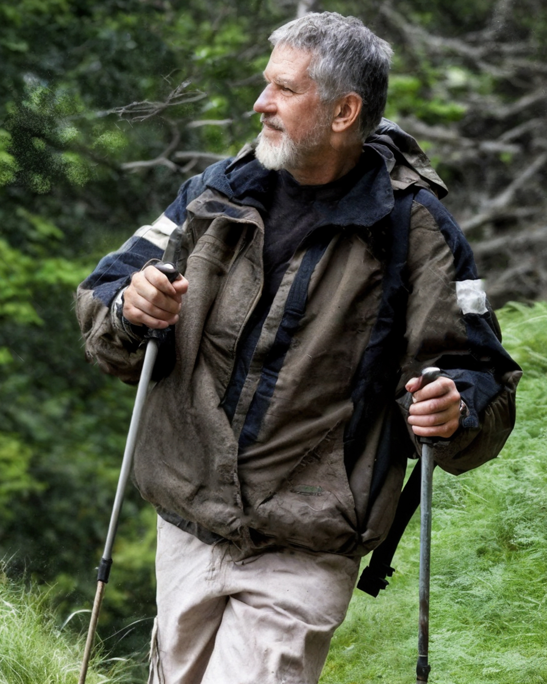 A man with a grey beard and hair is hiking with poles through a green, wooded area.