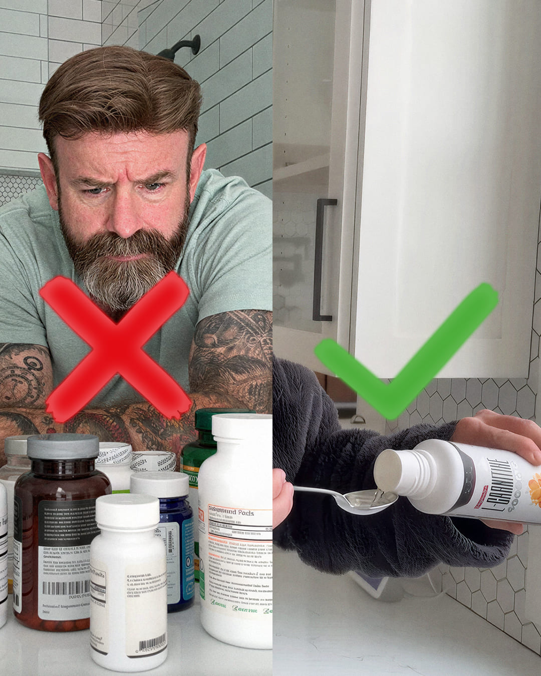 A split image contrasting a man with many supplement pills with a person pouring a liquid supplement.