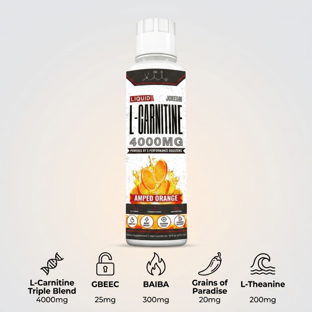A bottle of Liquid L-Carnitine 4000mg supplement, Amped Orange flavor, with its key ingredients listed below.