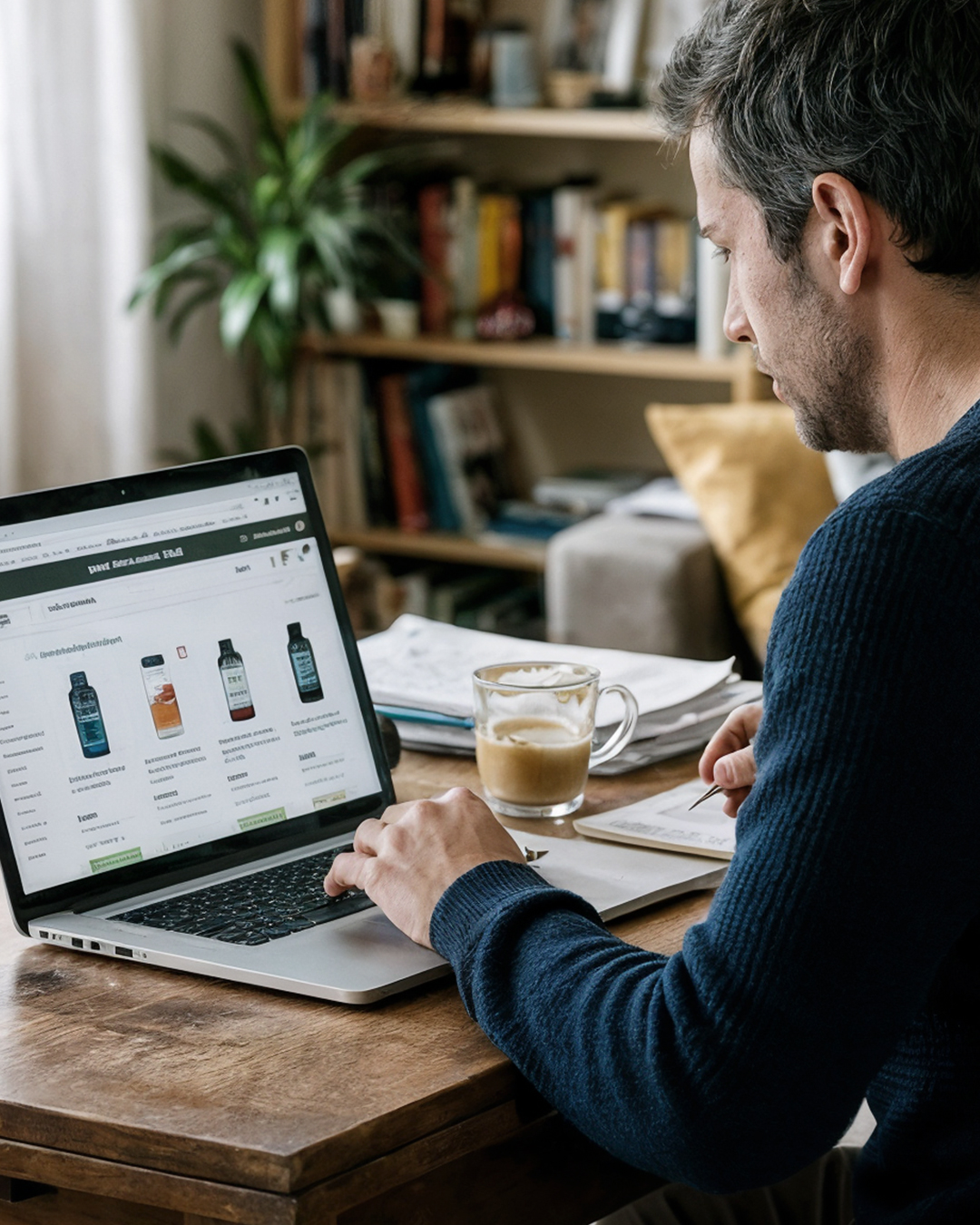 A bottle of L-Carnitine supplement on a desk next to a person working on a laptop.