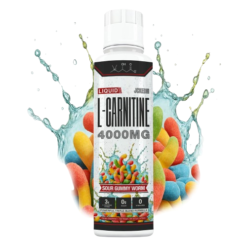 A bottle of Jckedup Liquid L-Carnitine, Sour Gummy Worm flavor, with a splash and gummy worms.