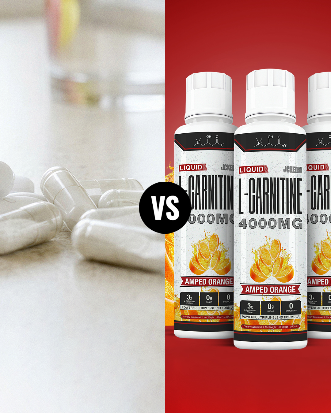 A split image comparing white supplement capsules on the left with bottles of liquid L-Carnitine on the right.