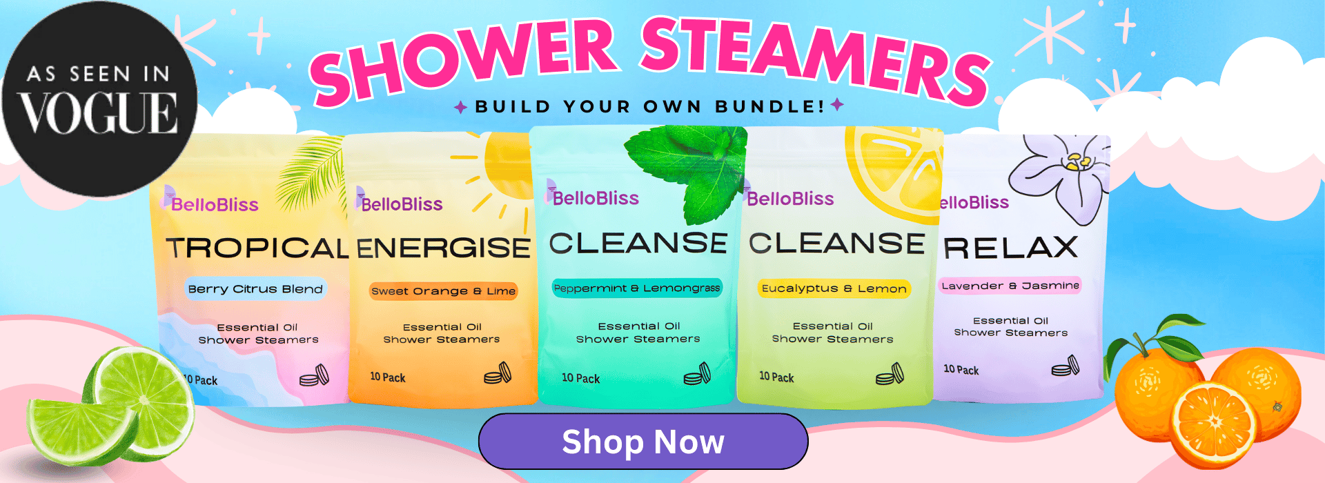 Colorful packaging of BelloBliss essential oil shower steamers with citrus and floral illustrations.
