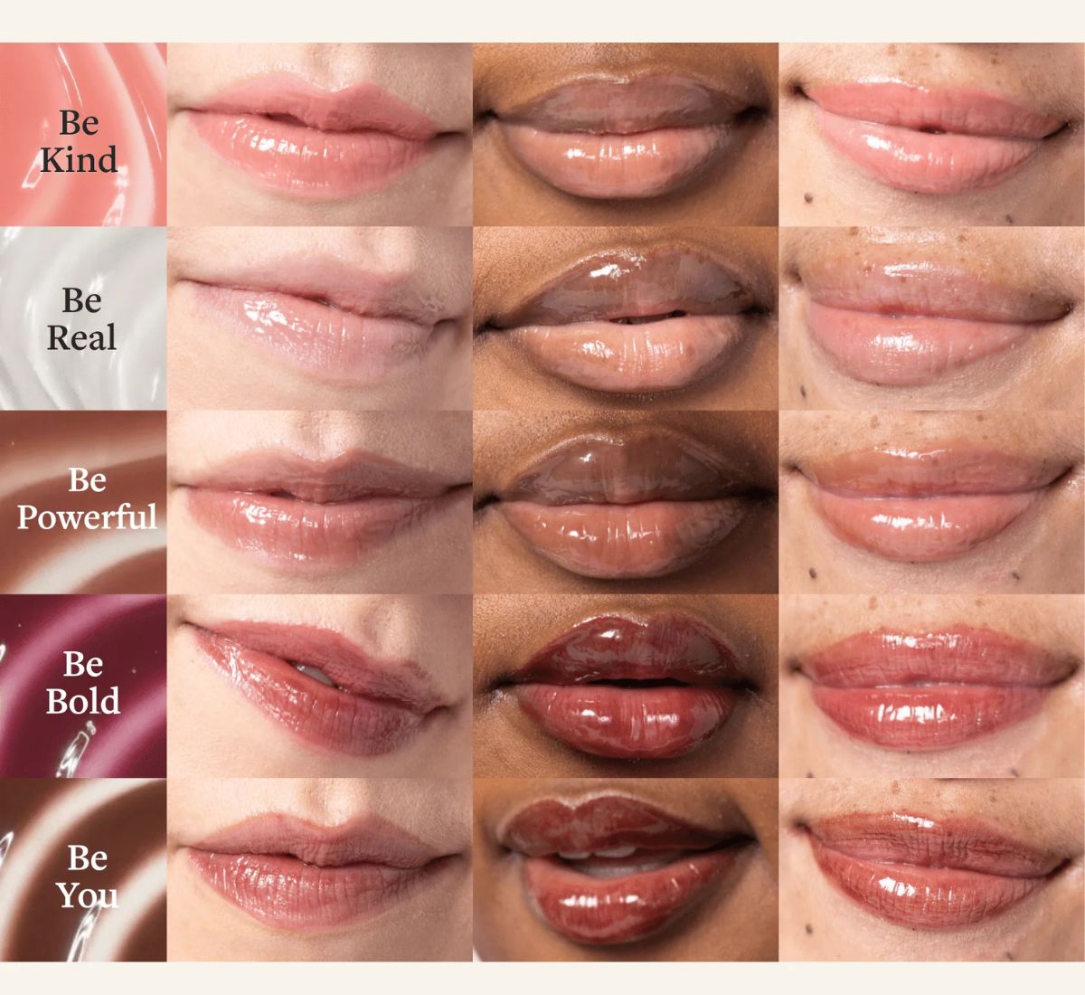 Grid of diverse lips with different lipstick shades and motivational text.
