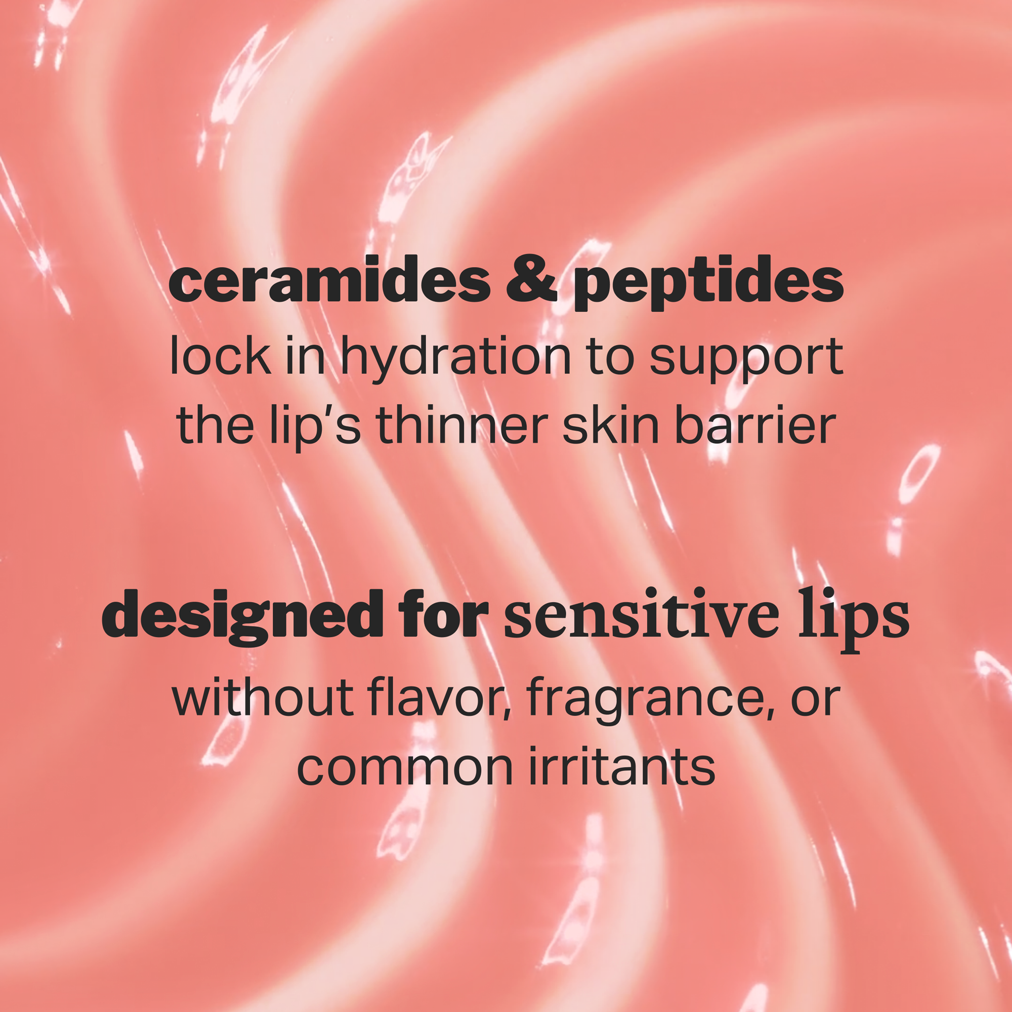 Text about lip care benefits on a pink, glossy background.