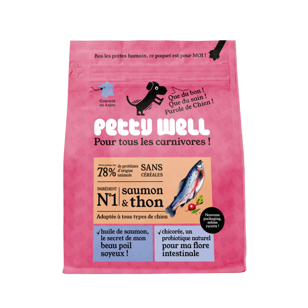 Pink dog food package with text and fish illustration.