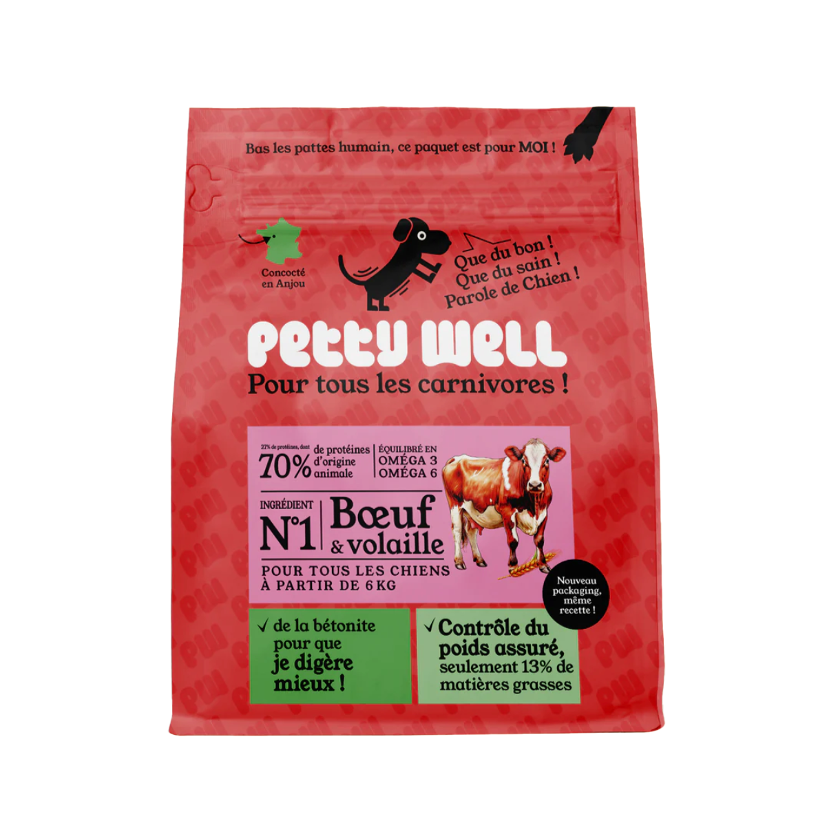 Red dog food packaging with text and illustrations of a dog and a cow.