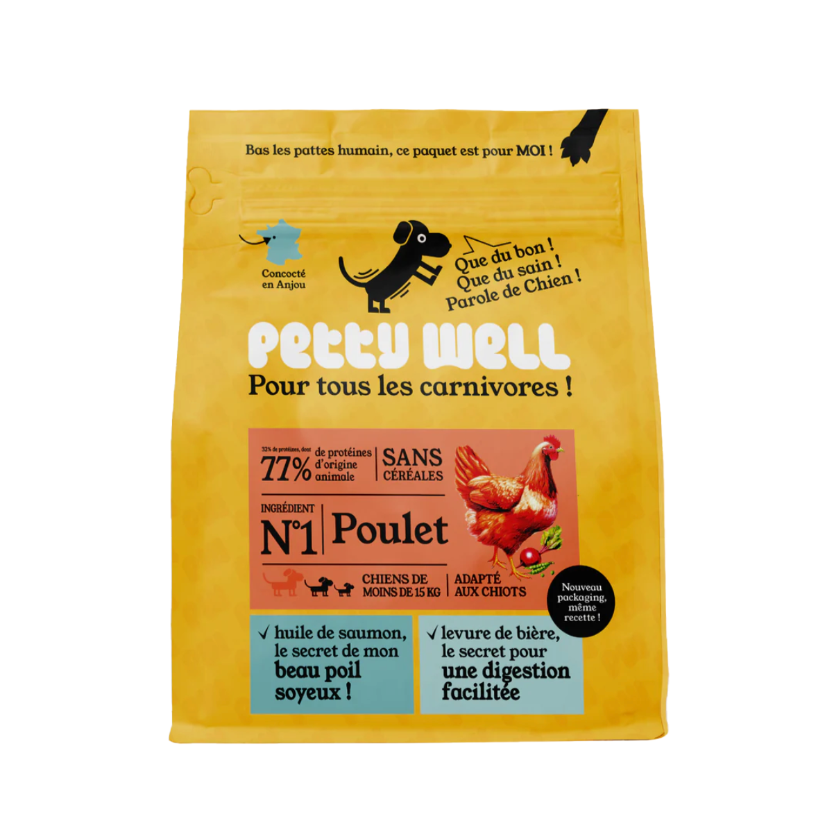 Yellow dog food package with chicken illustration and French text.