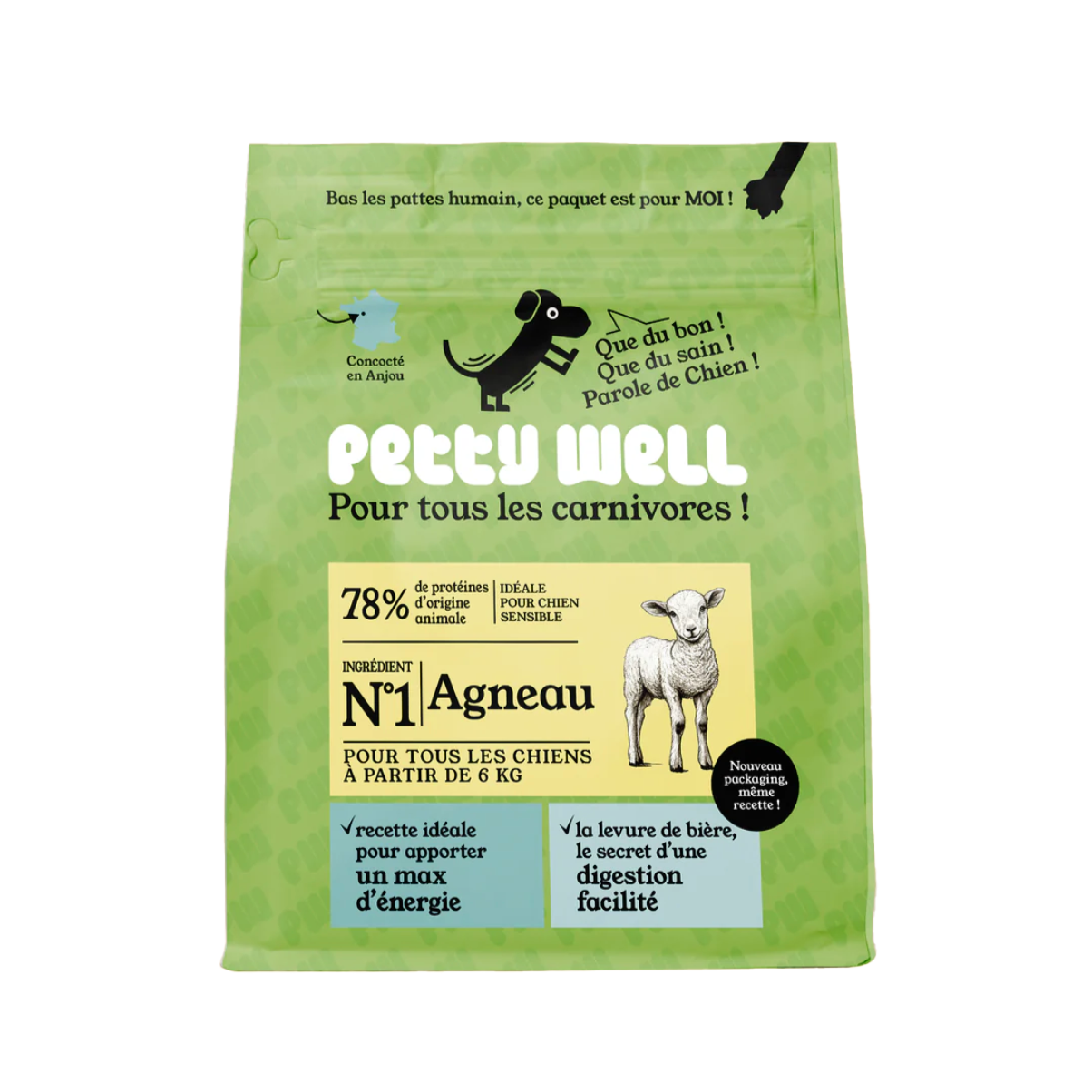 Green dog food packaging with a lamb illustration and French text.
