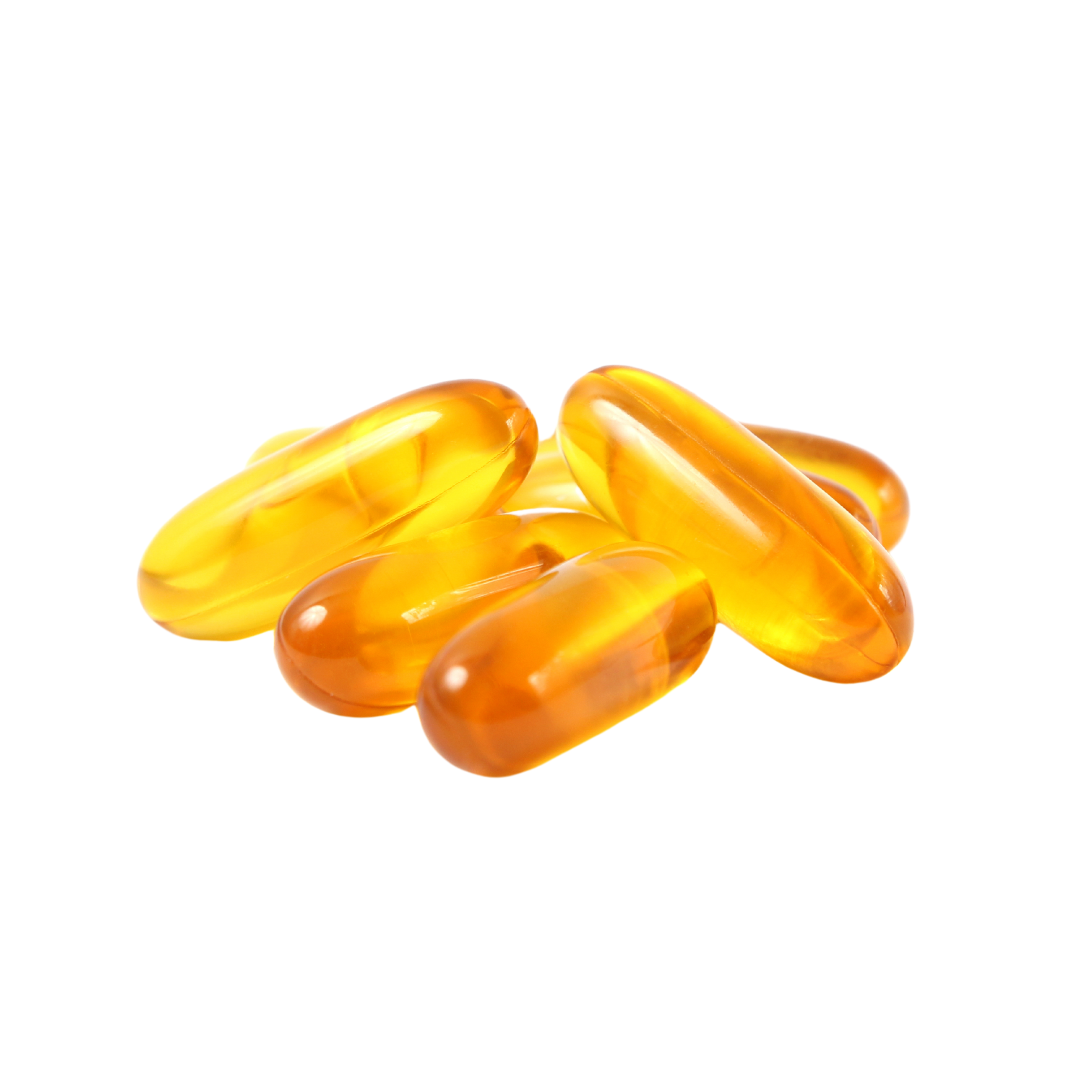 Several translucent yellow capsules on a white background.