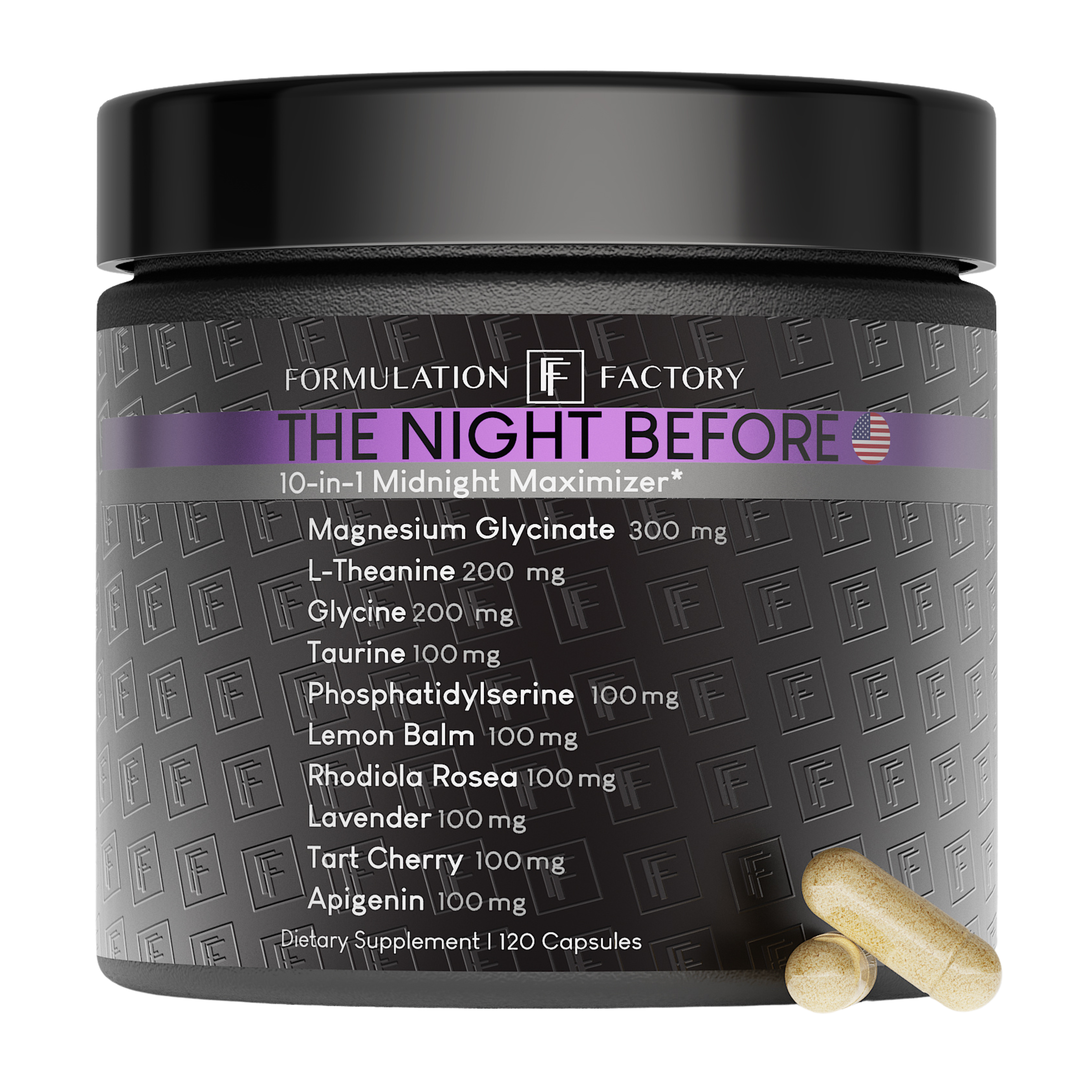 Black supplement jar labeled 'The Night Before' with capsules beside it.
