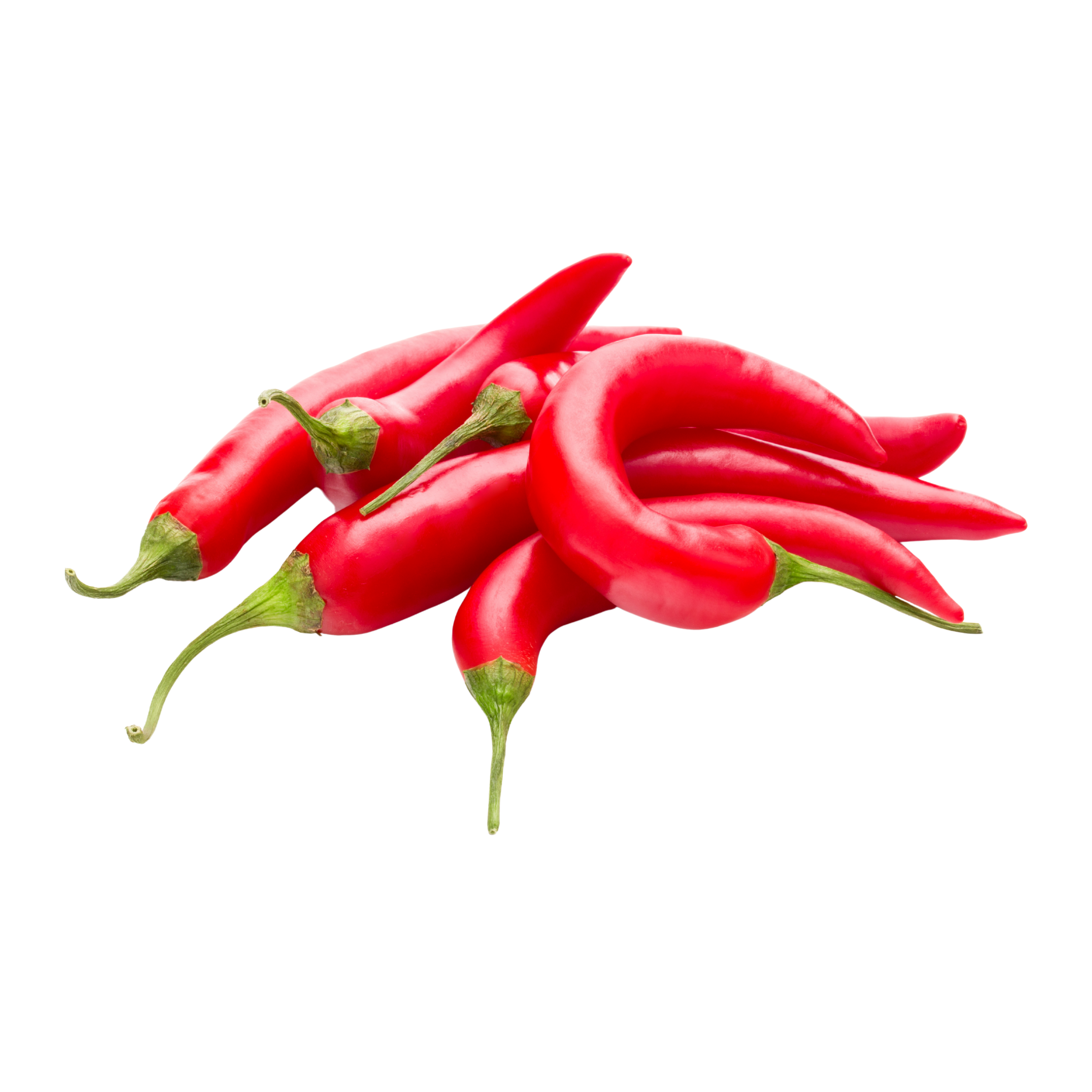 A cluster of red chili peppers with green stems on a white background.