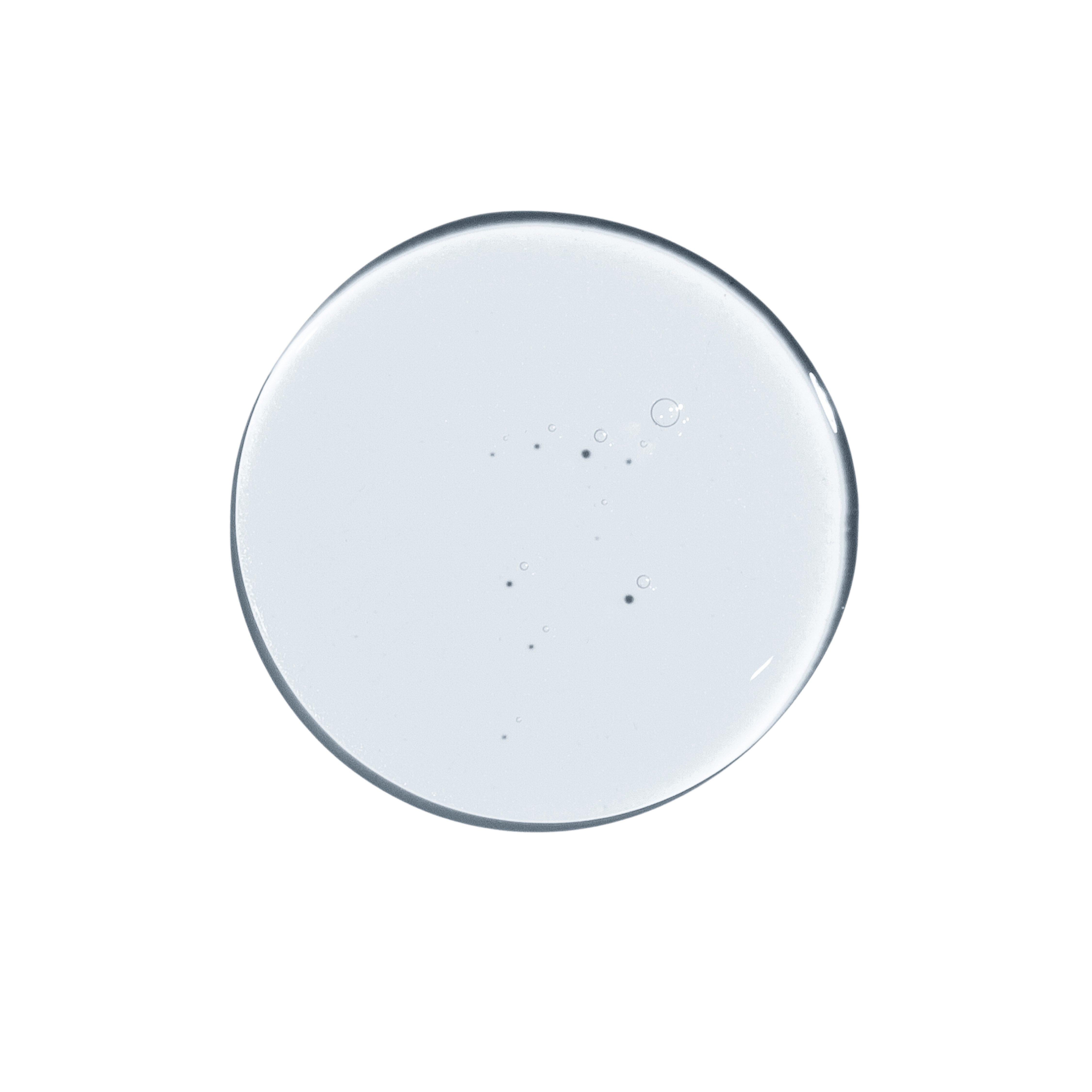 Clear liquid droplet with small bubbles on a white background.