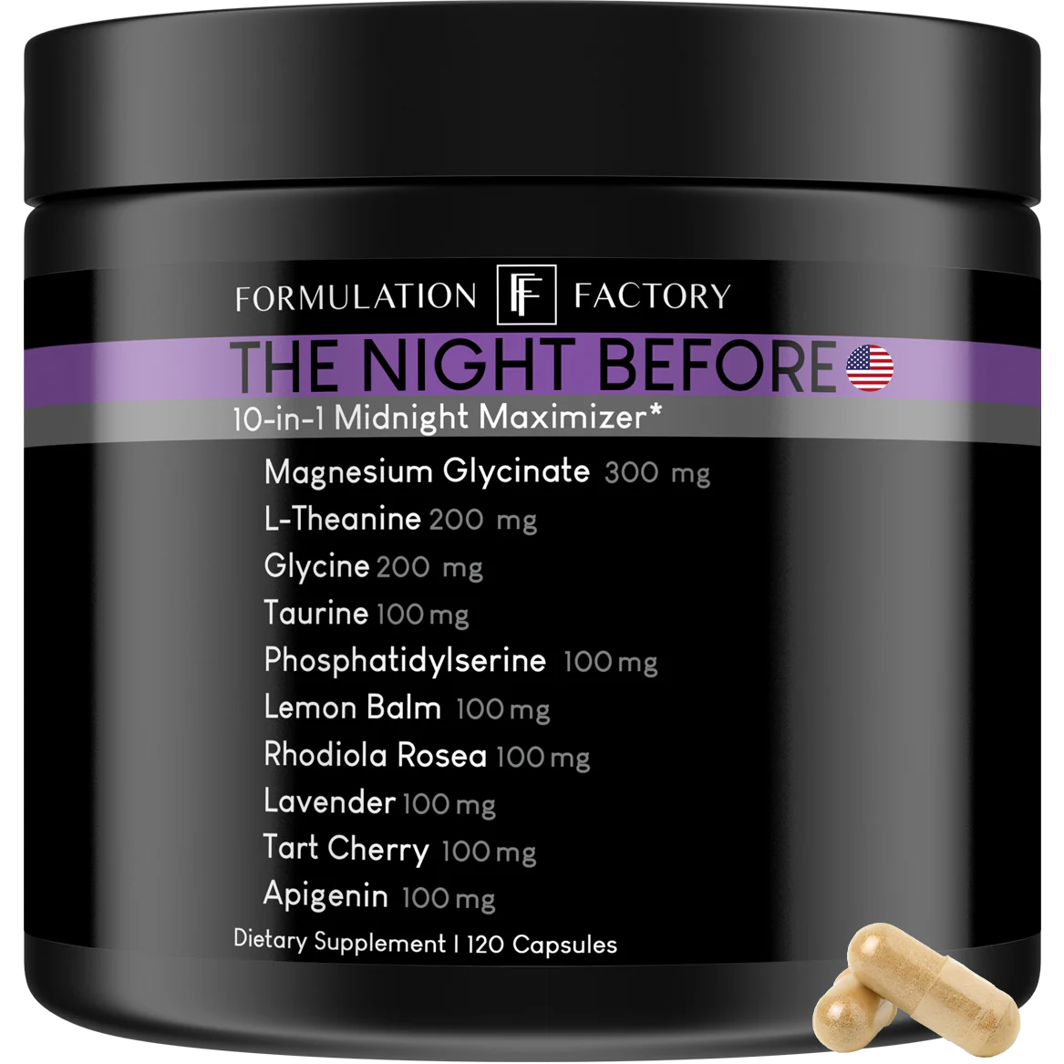 Black supplement container labeled 'The Night Before' with a list of ingredients and two capsules.