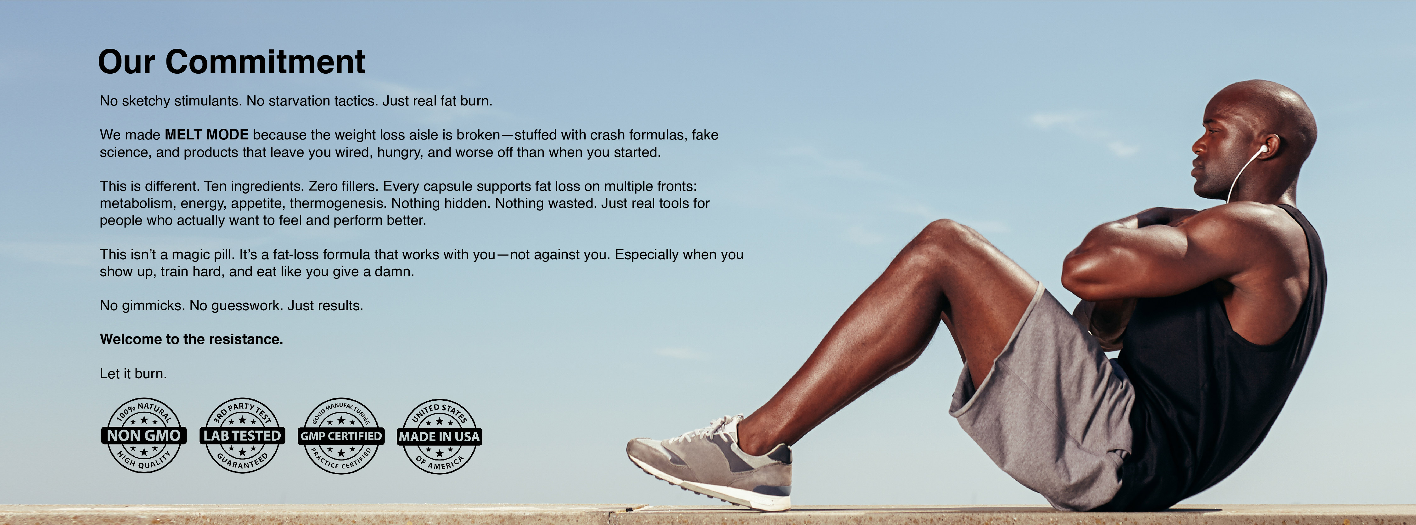 Man exercising outdoors with text about a fat-loss product on the left.