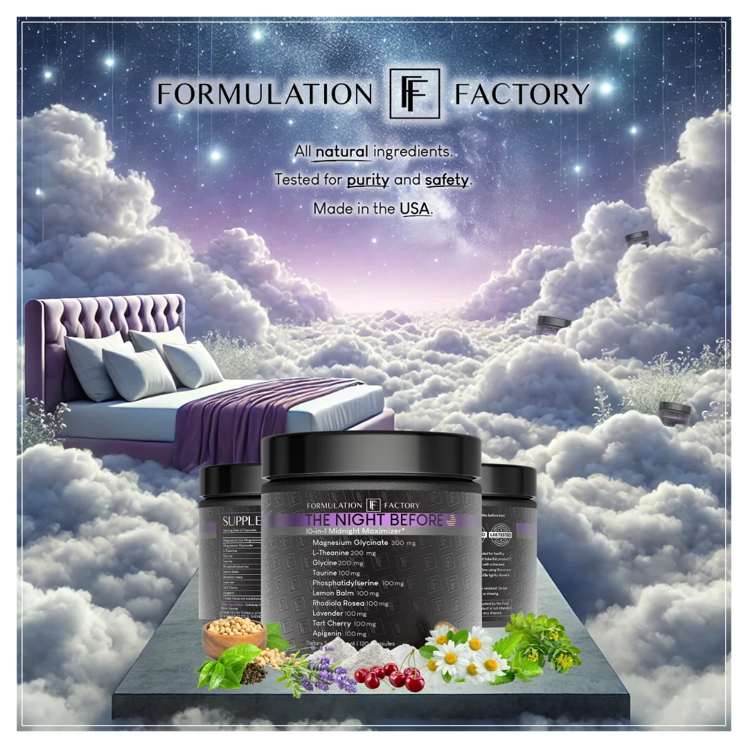 Product containers on a cloudscape background with bed and night sky.