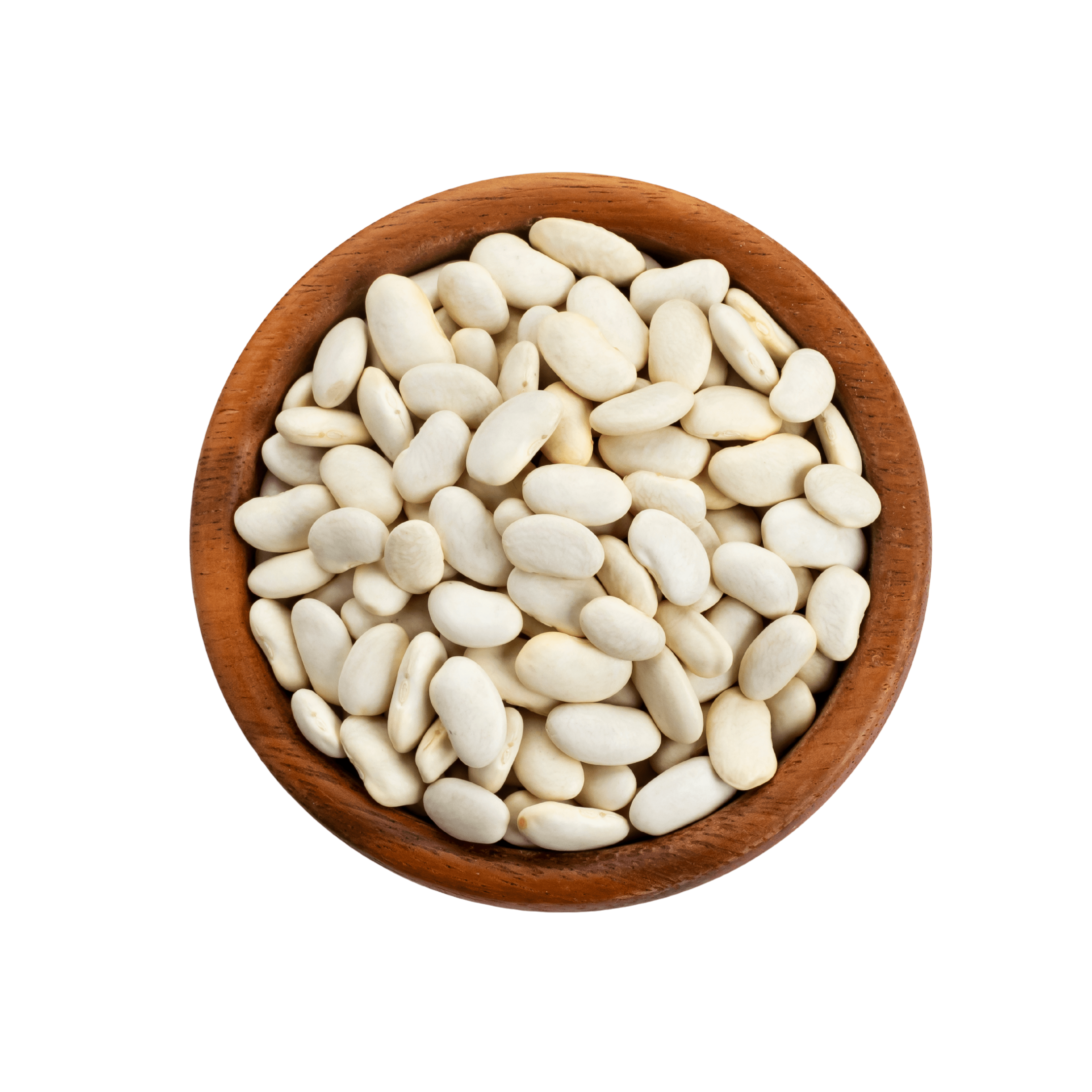A wooden bowl filled with white beans on a green background.