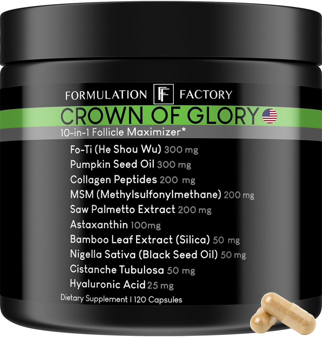 Black supplement bottle labeled 'Crown of Glory' with capsules beside it.