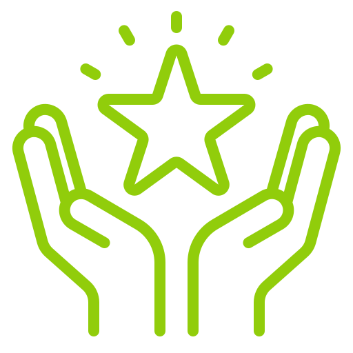 Green outline of hands holding a star.