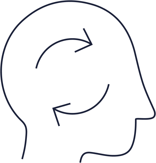 An outline of a human head in profile with two curved, rotating arrows inside.