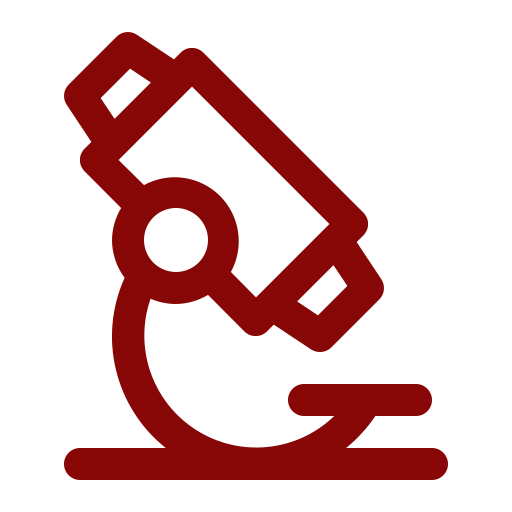 Red outline of a microscope on a white background.