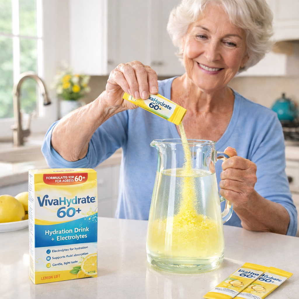 A smiling older woman pours a yellow VivaHydrate 60+ drink mix powder into a glass pitcher of water.