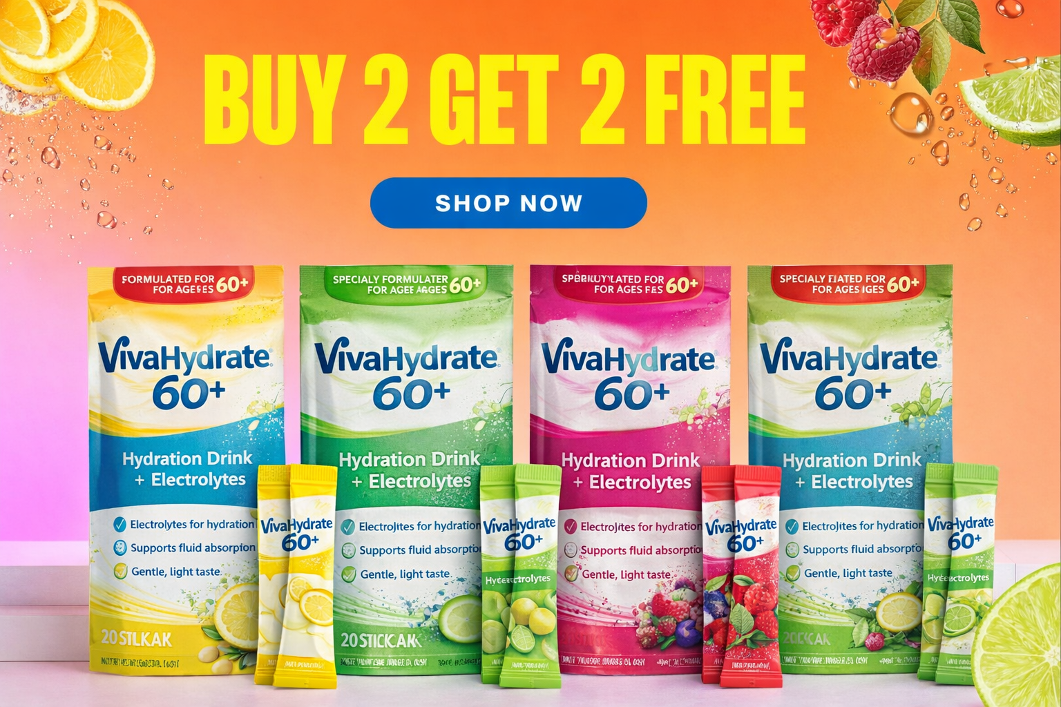 An advertisement for VivaHydrate 60+ hydration drink showing four different flavors with a 'Buy 2 Get 2 Free' offer.